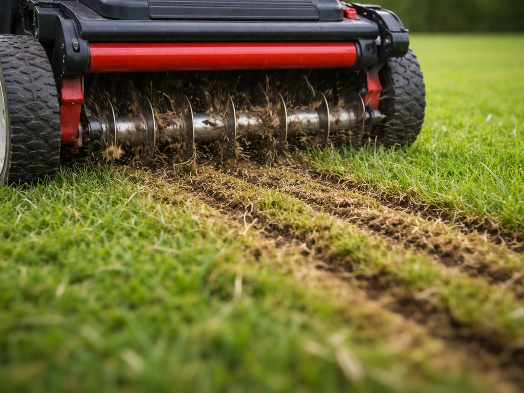 Close-up van een verticuteermachine die het viltige gras openbreekt, met open rijen aarde in een gazon