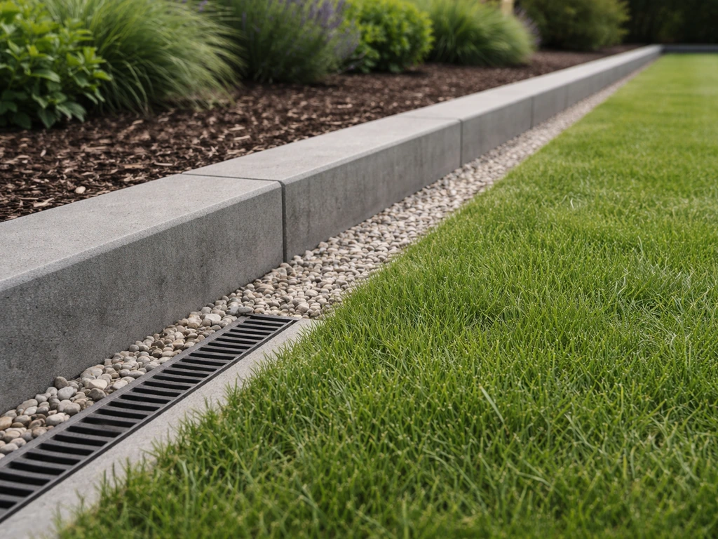 Close-up van een tuinrand bij gazon met hoogteverschil en grind voor drainage, in natuurlijk licht.