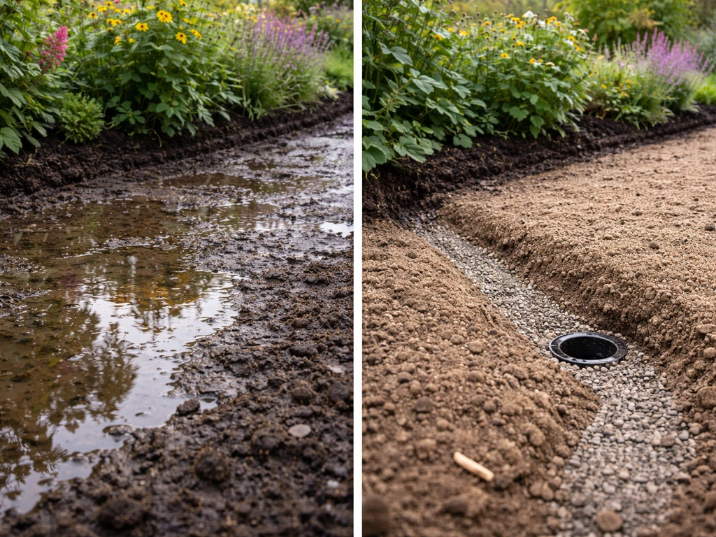Natte borderrand met plassen naast aflopende drainage met leeg putje/testpunt en drogere grond.