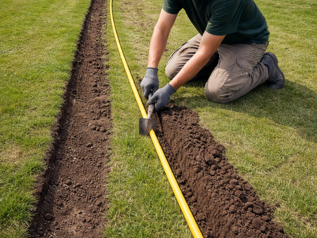 Tuinman die met tuinslang een strakke gazonrand afbakent en de grond voorbewerkt voor het plaatsen van de rand
