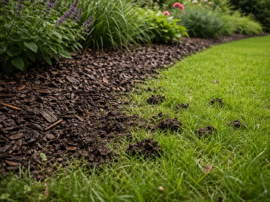 Natte borderaarde spat van de border op het gazon; mulch langs de border dempt de overgang.