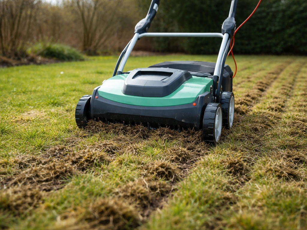 Verticuteermachine snijdt door een Nederlands gazon met voorjaarsschuim/vilt, frisse en onderhoudsklaar uitstraling.