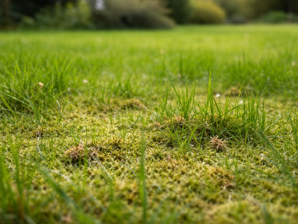 Fris lentegazon in april/mei met zichtbare viltlaag en mos, licht tuinlandschap op ooghoogte.