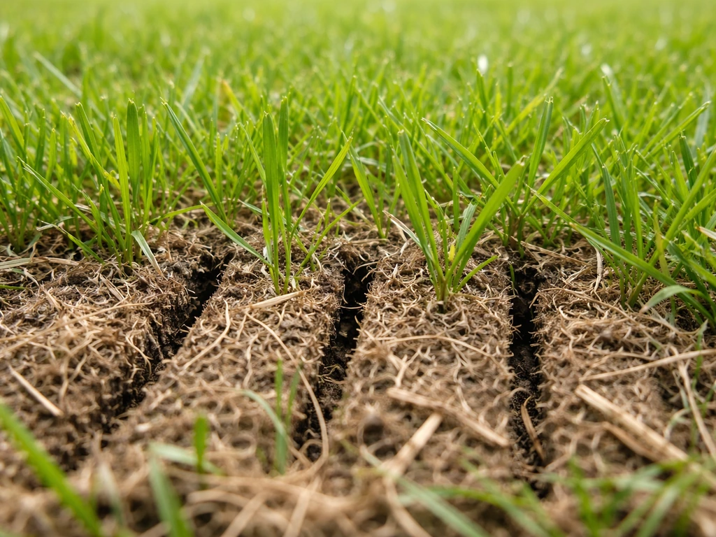 Close-up van een gazon met grasvilt tussen grashalmen en verticale kerven om vilt te verwijderen.