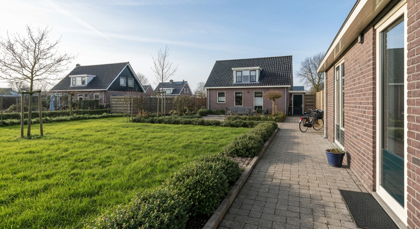 Voorzijde van een Nederlands huis met een verzorgd, strak gazon, een looppad naar de voordeur en lage borders; lenteochtendlicht, geen personen zichtbaar.