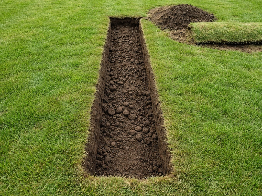 Bovenaanzicht van een pas uitgegraven sleuf in een Nederlands gazon, met losse grond op de achtergrond.