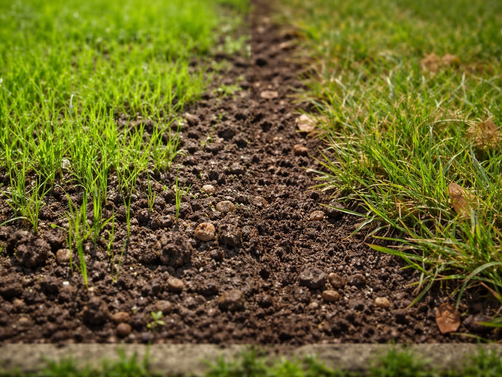 Close-up van vochtige tuingrond met fris groeiend gras in voorjaar en herstelgras voor najaar.