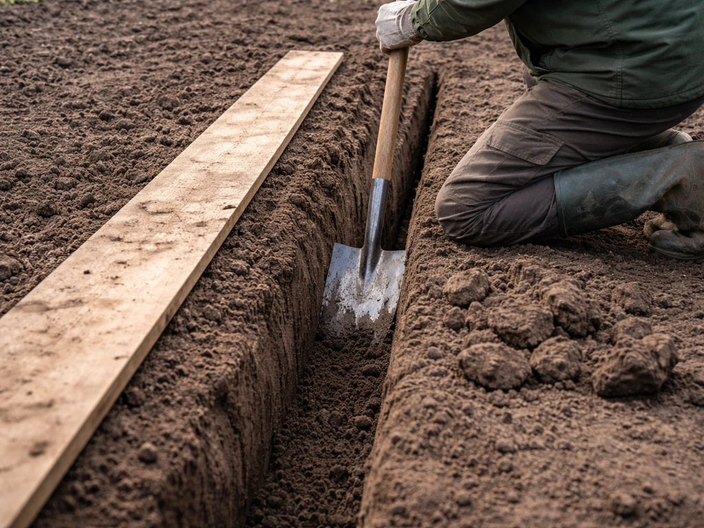 Tuinman graaft een rechte sleuf uit met een steekspade; een plank ligt naast de sleuf, grond valt netjes los.