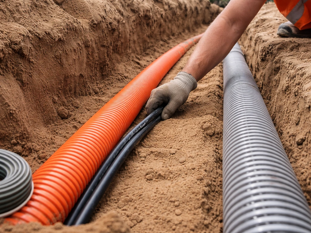 Werkman legt kabel en drainagebuis in een sleuf met zand, beschermingsbuis en rechte richting.