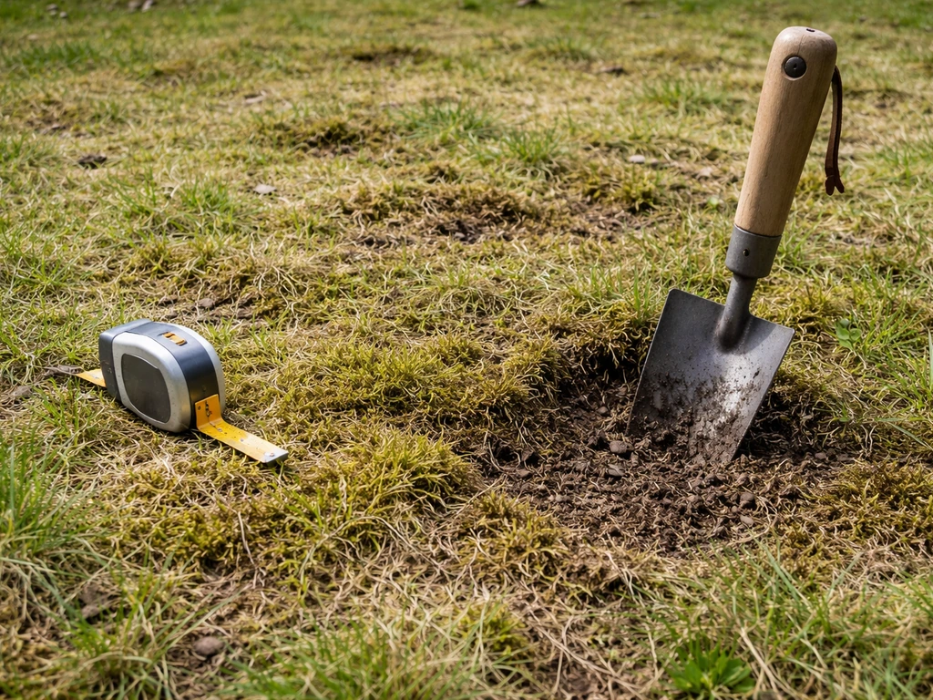 Close-up van mos en kalende plekken in een gazon, met kleine meetlint en tuinschepje voor inspectie.