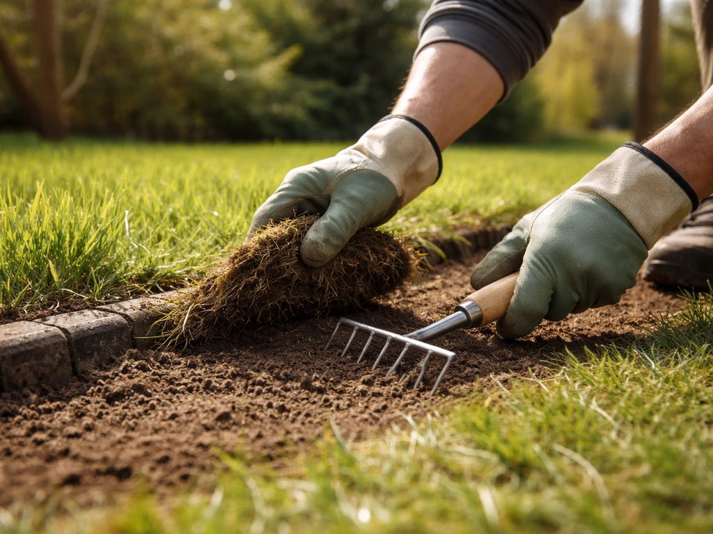 Anonieme handen in tuinhandschoenen die in het voorjaar een gazonrand harken voor herstel, in een stille tuin.