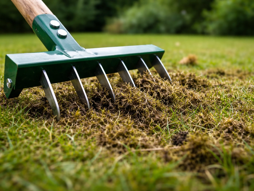Verticuteerhark die door de grasmat gaat, met losgekomen mos en vilt zichtbaar op de grond.