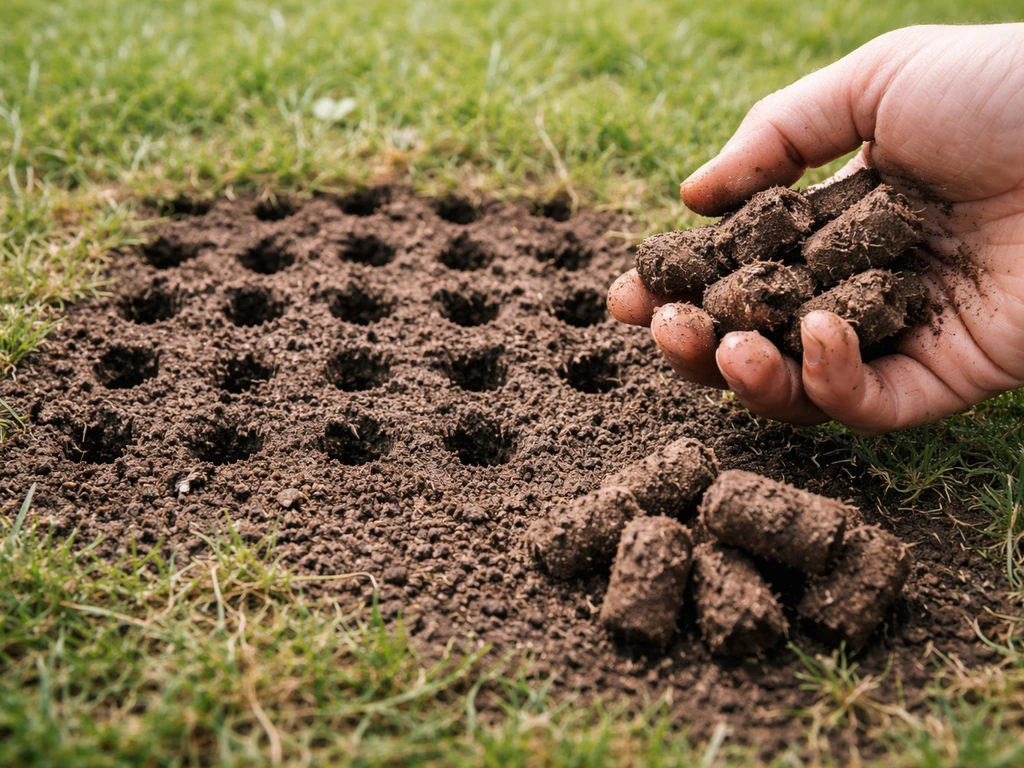 Losgetrokken grond met beluchtingsgaatjes en kleine brokjes na het prikken van een gazon