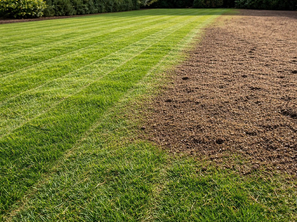 Groen gazon met zichtbare groeven na verticuteren en een dunne laag compost voor gazonherstel.