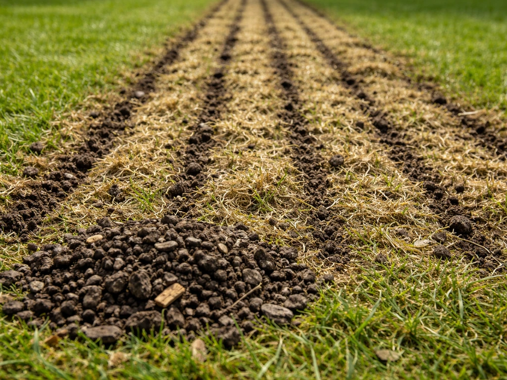 Close-up van verticuteren-groeven in gazon met donkere compost die in de snijsporen wordt gestrooid.