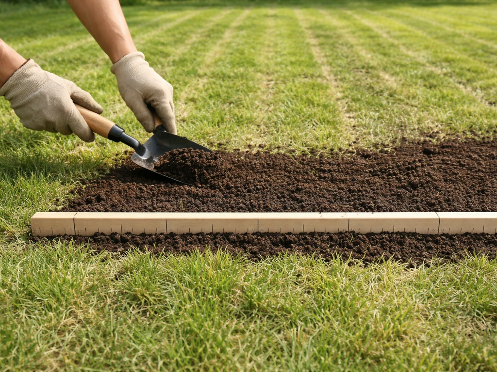 Hand schept compost en verdeelt een dunne topdressinglaag op een gazon na verticuteren