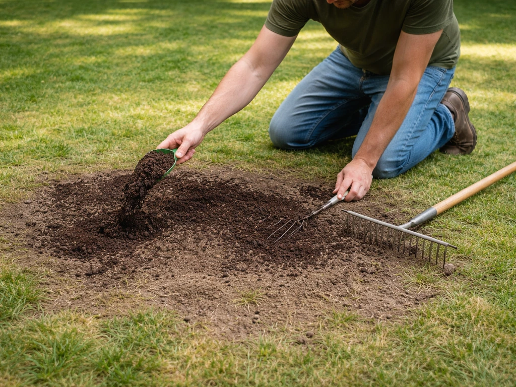 Tuinier strooit compost op kale grasplekken en werkt het oppervlakkig in met een hark