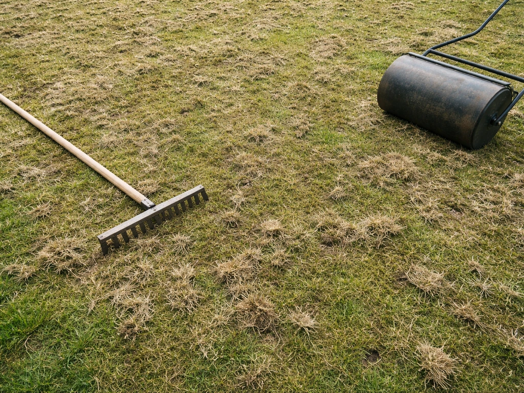 Bovenaanzicht van een Nederlands gazon na verticuteren met viltresten, een hark en een tuinwals voor nazorg.