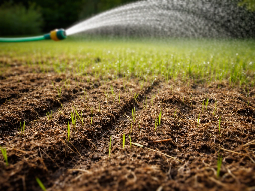 Gelijkmatig water geven op een net verticuteerd gazon met sproeislang/sproeikoppen, zonder plassen.