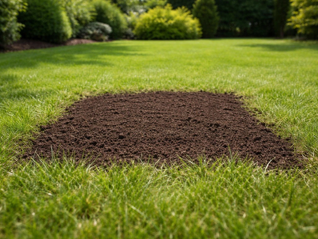 Gelijkmatig gestrooide potgrond op een centraal herstelde plek in het gazon, netjes en groen rondom.