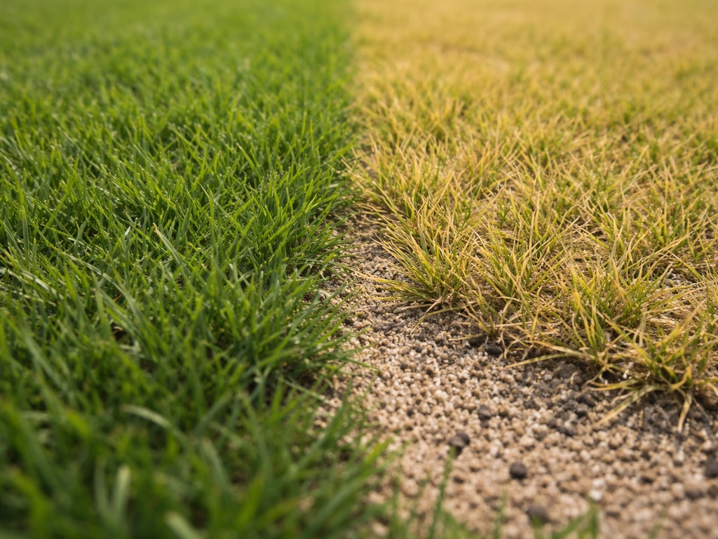 Geel geworden grasprieten naast groen gras, met een dunne topdressinglaag op een gazon in daglicht.
