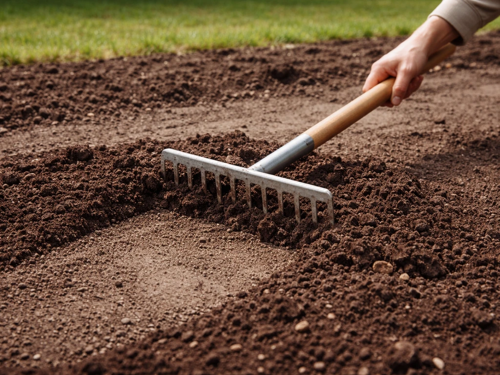 Tuinman verwijdert met een brede hark overtollige, samengedrukte potgrond uit een te dikke laag