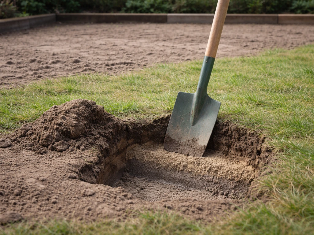 Schop/grondprik in de grond op terraslocatie, met zichtbare grondlaagjes en hint op afwatering.