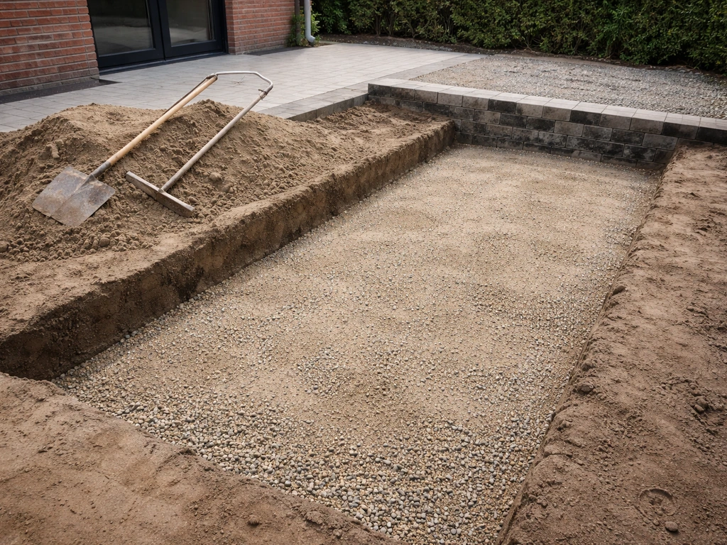 Uitgegraven sleuf met uitgevlakte fundering, laag ophoogmateriaal en stenen rand met afschot bij terrasaanleg.
