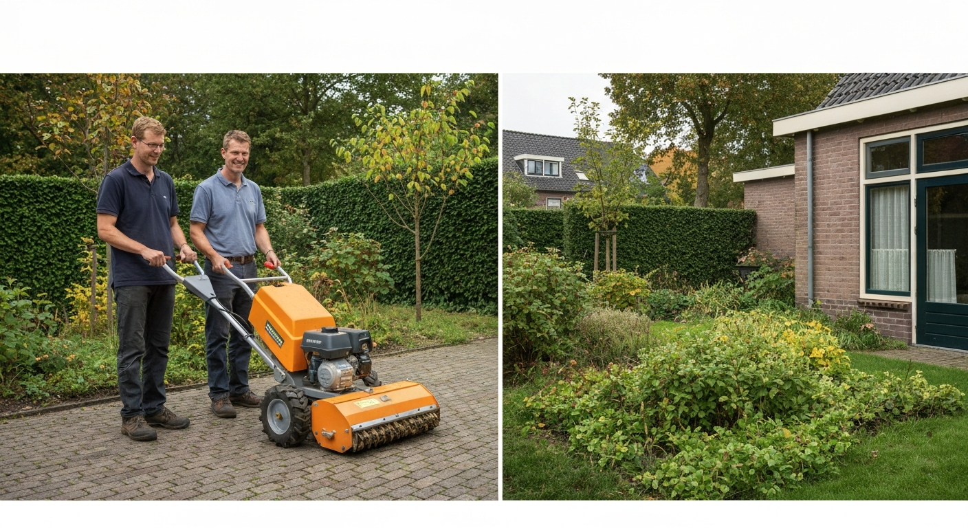 Persoon die met een verticuteermachine een Nederlands gazon bewerkt; links mos en vilt, rechts schoner groen gras, opvangbak vol vilt.