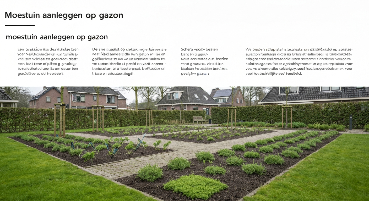 Nederlandse achtertuin waar een stuk gazon is omgezet naar moestuin met verhoogde bakken en houtsnipperpaden.