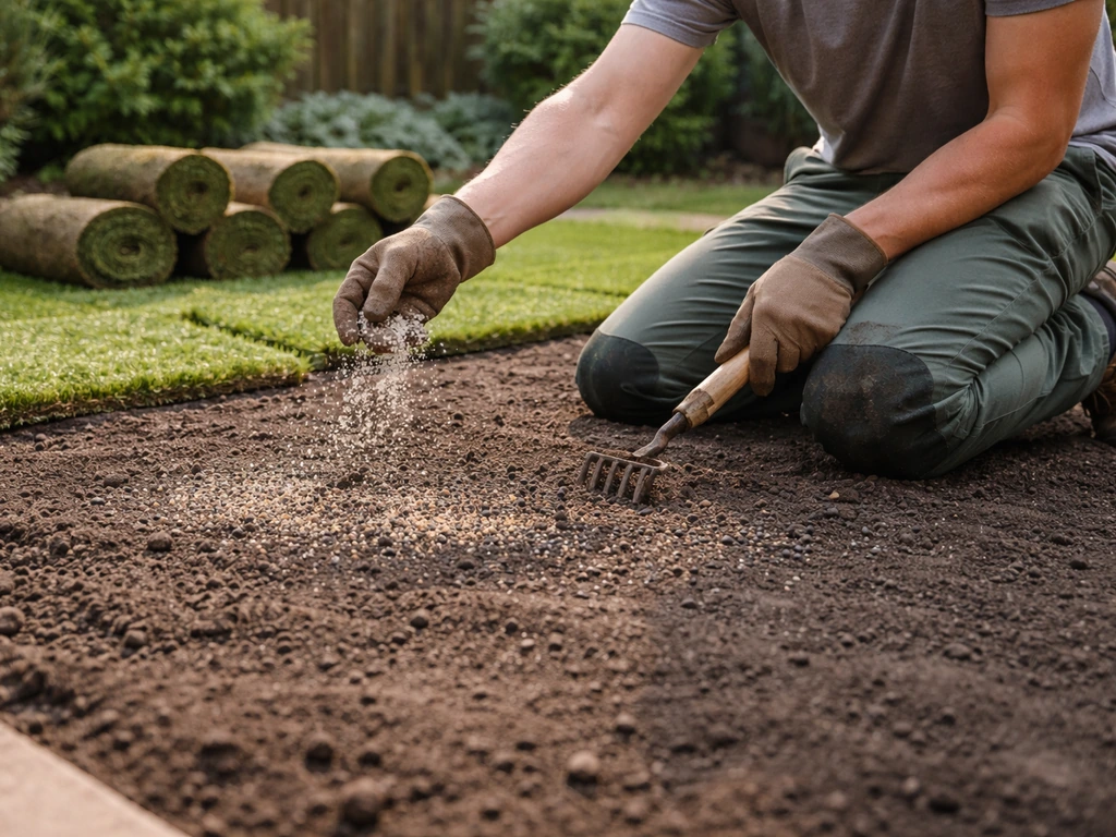 Werker strooit startmeststof op voorbereide grond en legt de eerste banen graszoden in een tuin.