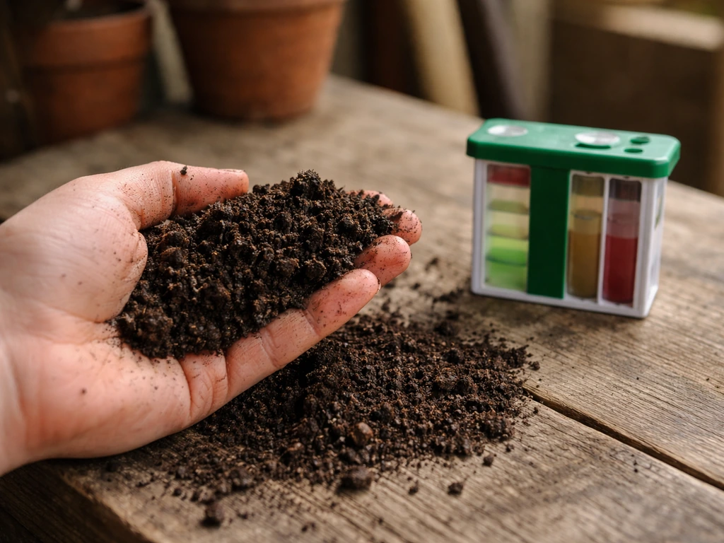 Landbouwgrond met een kleine handvol aarde en een eenvoudige pH-testset op een landelijk houten tafelblad