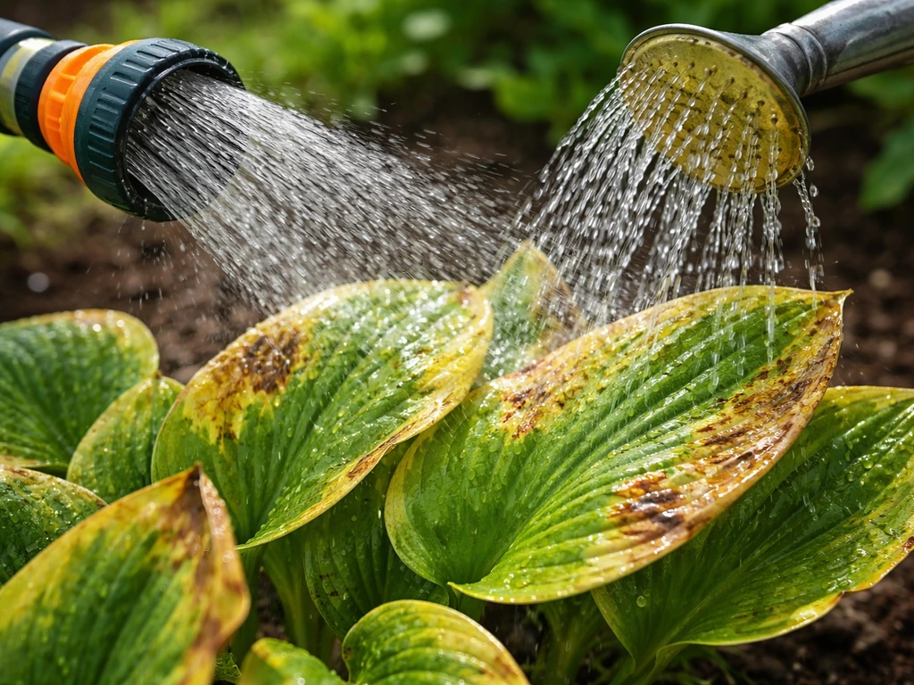 Close-up van plantblad met gele/lichte verbrande plekken, terwijl tuinslang water er direct overheen spoelt.