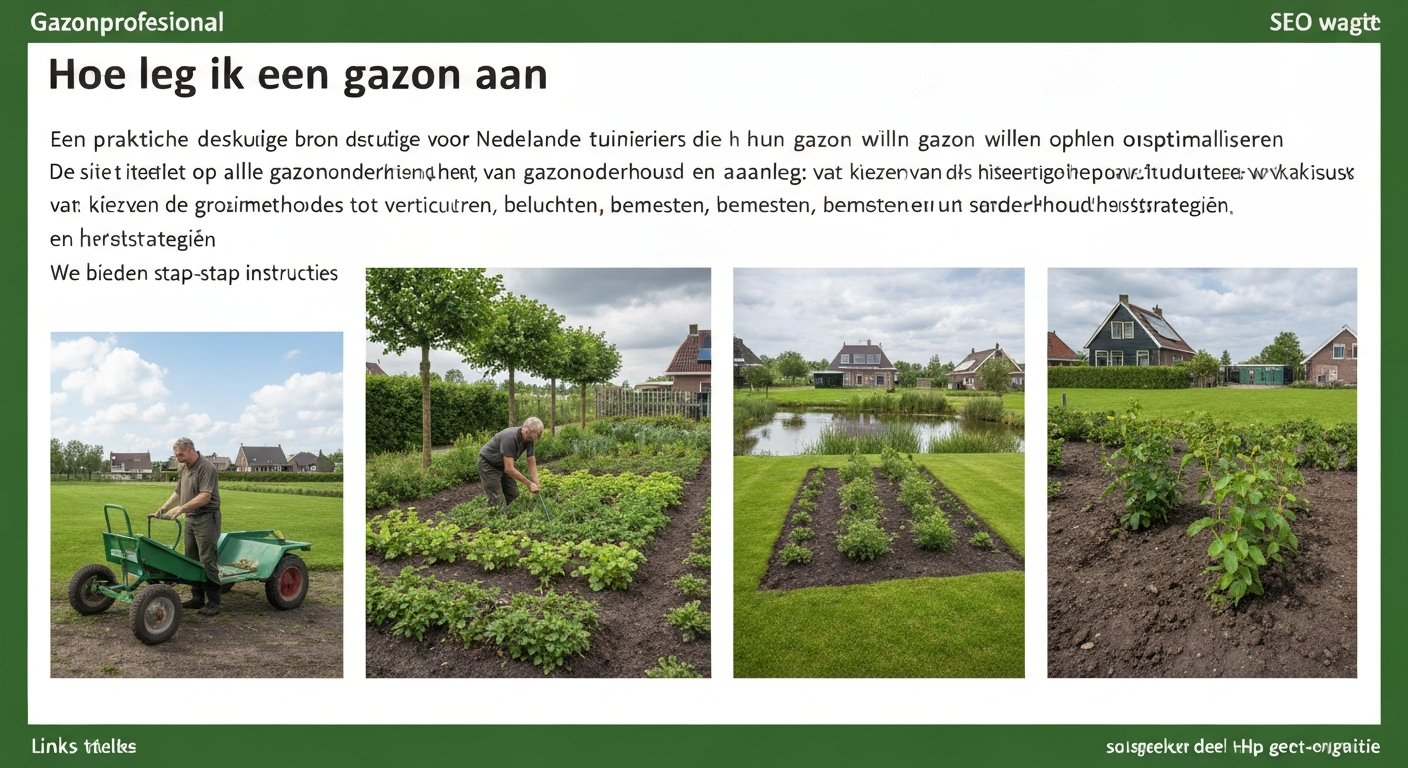 Net aangelegd gazon in een Nederlandse achtertuin; tuinier legt graszoden met gereedschap en regenton op de achtergrond.