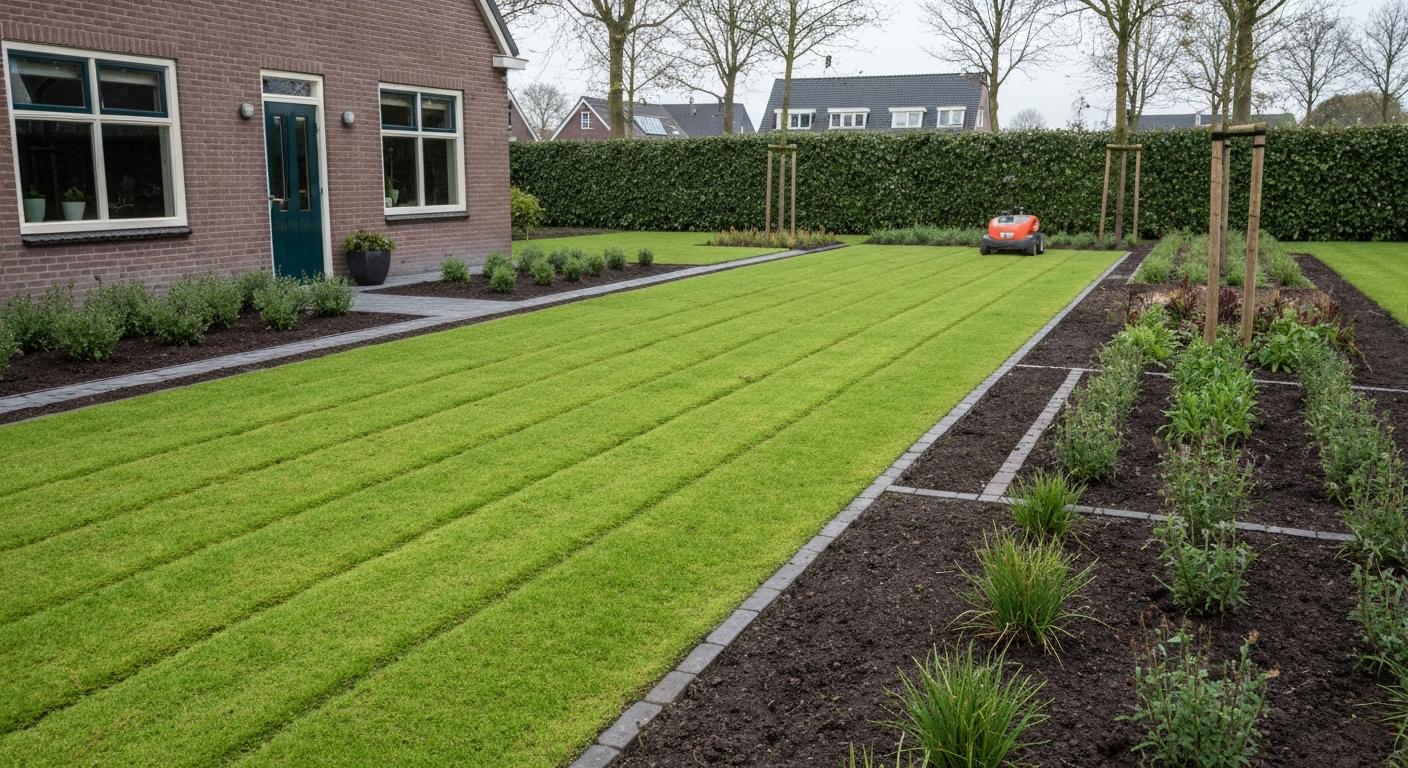 Net afgeboord gazon met robotmaaier en cortenstalen opsluitband in Nederlandse tuin