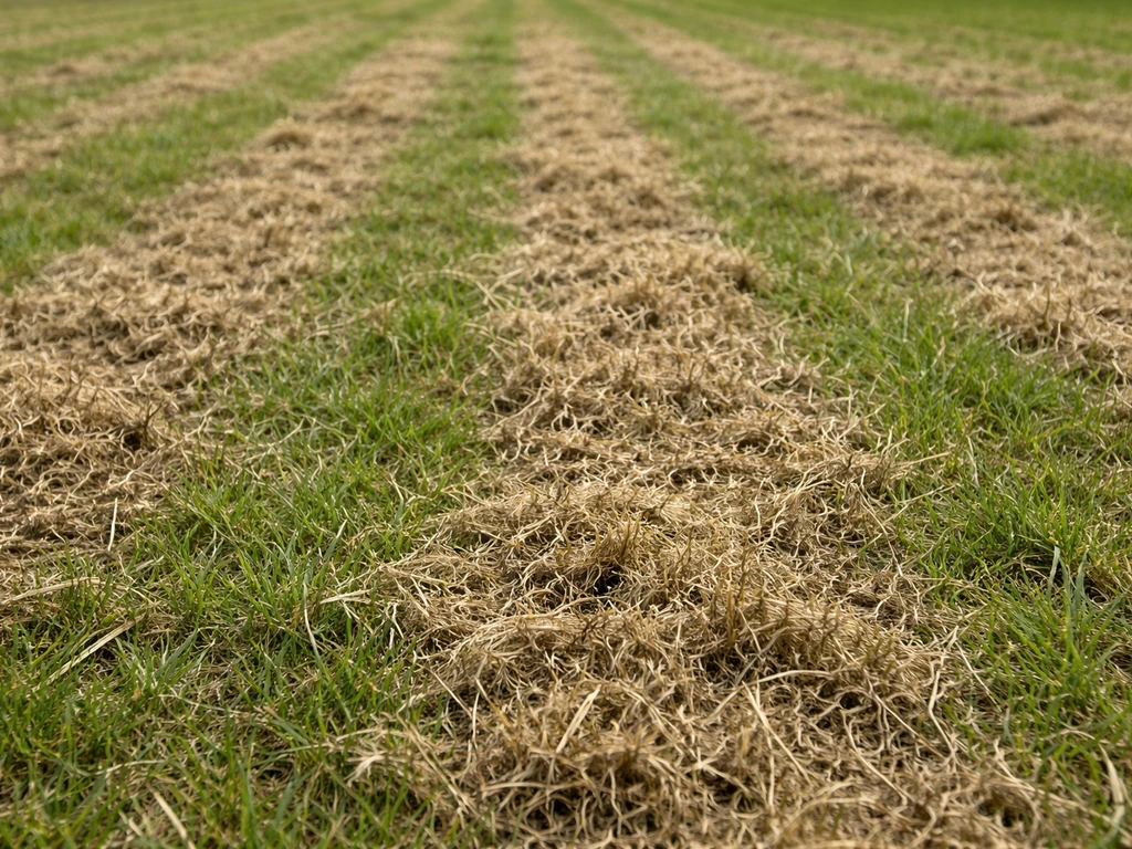 Close-up van een gazon net na verticuteren, met zichtbare viltlaag en opgekrabde grasresten.