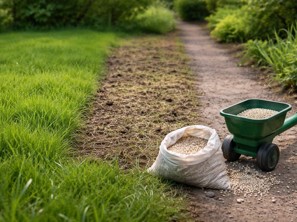 Actief groeiend gazon met gereedschap en een kale verticuteerzone, daarna meststof op strooipad