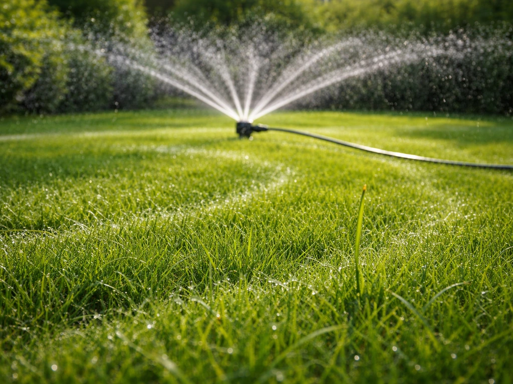 Gazon met zichtbare sproei-druppels en ronde sproeipatronen, gras oogt fris en herstellend na bemesting.