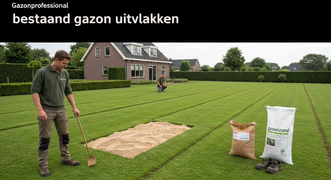Tuinier egaliseert bestaand gazon met topdressing in Nederlandse achtertuin; hark, plank en zak gazonzand zichtbaar.