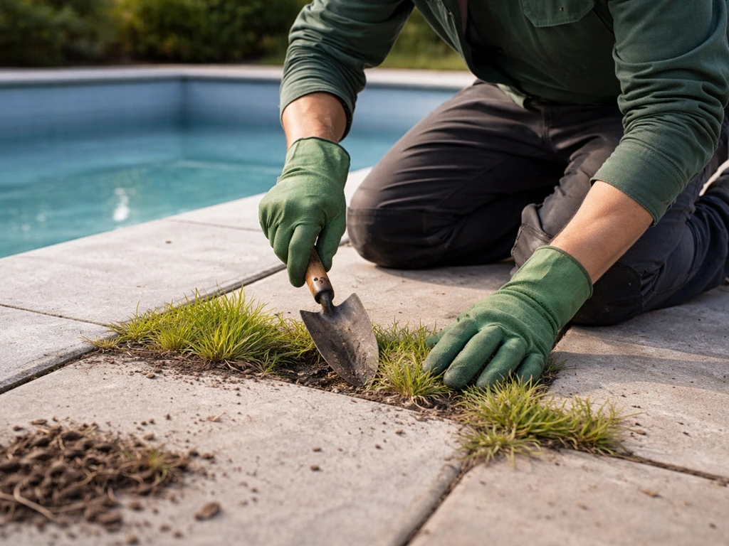 Tuinier met handschoenen die na het leegmaken langs de zwembadrand checkt op groen en lichtgeel gras