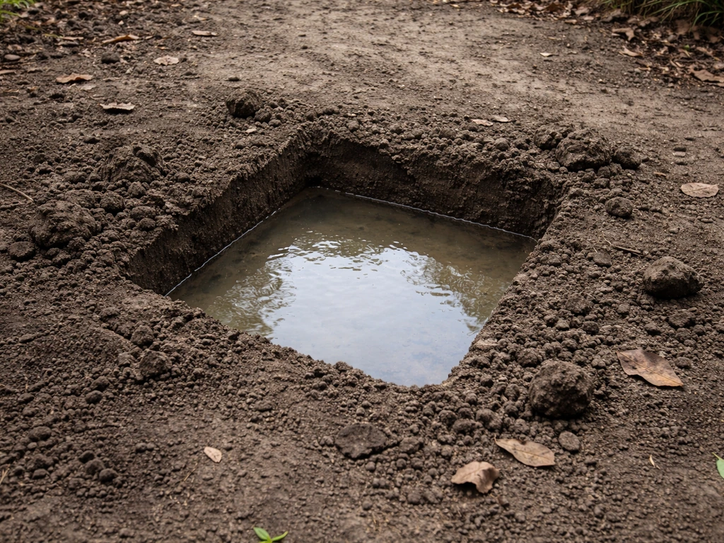 Tuinplek met uitgegraven gat van ca. 30 cm, gevuld met water dat langzaam zakt in de grond