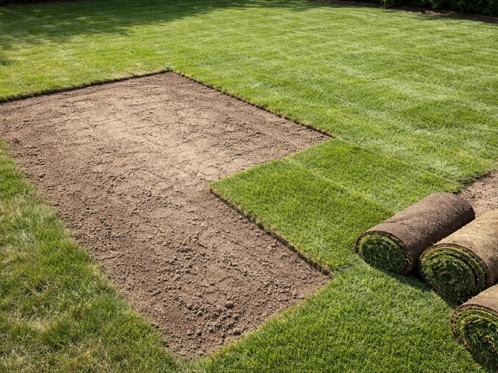 Kale plek in de tuin naast al voorbereidde grasmatten, met keuzegevoel tussen herstelopties.