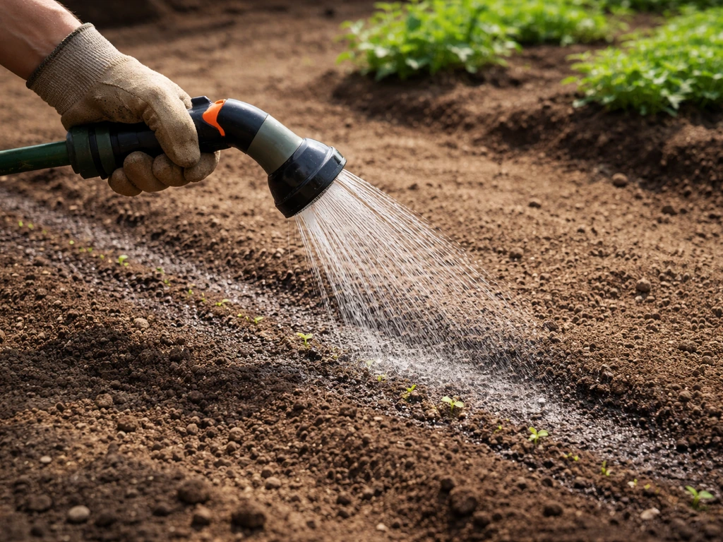 Tuinslang met sproeier geeft korte bursts water aan een vers ingezaaide herstelplek; grond is net vochtig.