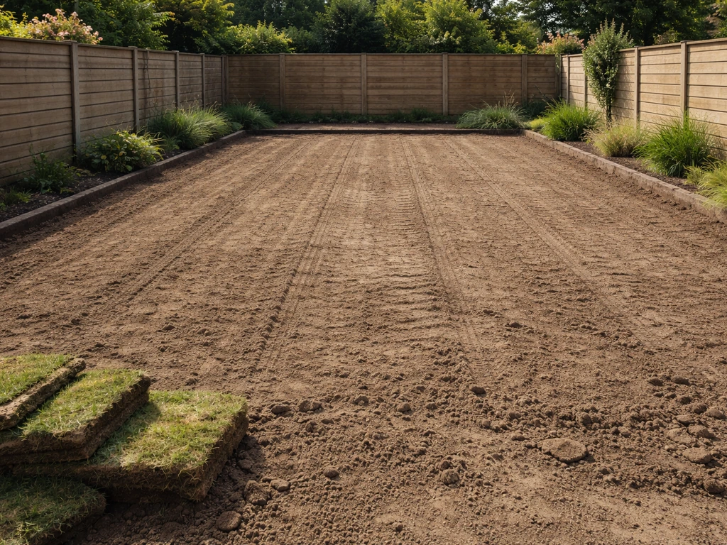 Tuin met verwijderd oud gazon en voorbereide bodem voor nieuw gras (zaaien/zoden)