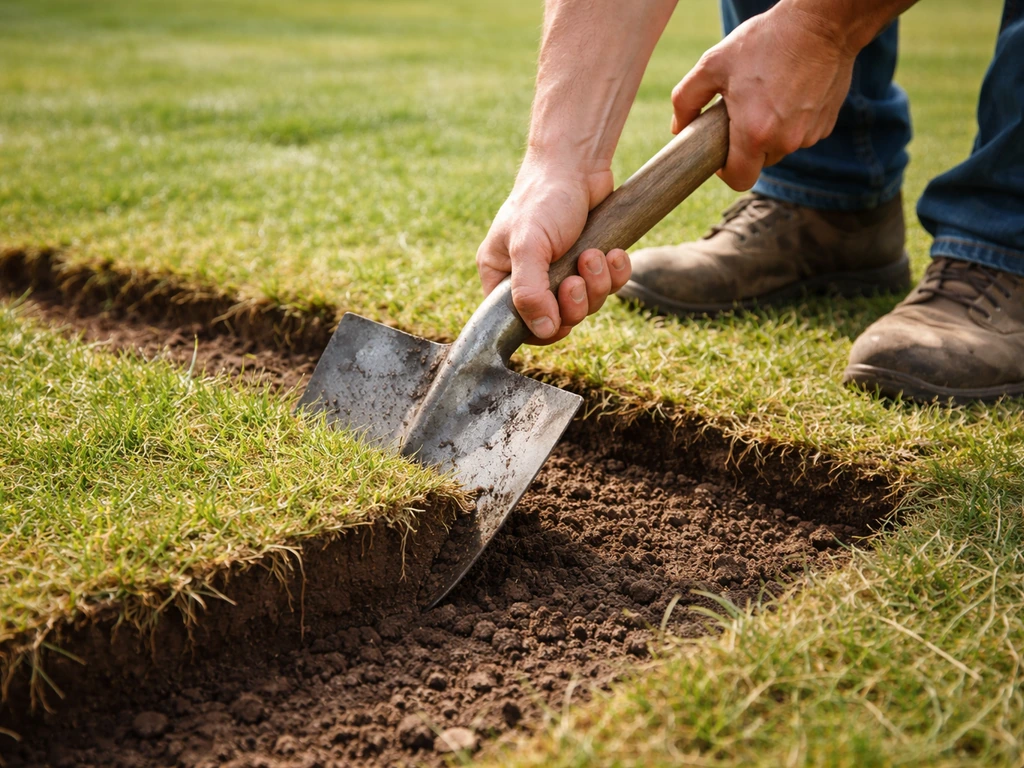 Handen met spade steken een oude graszode in stroken los, met zichtbare aarde en wortels.