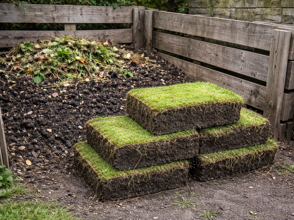 Graszoden met de graskant naar beneden in een compost-/afzethoek van de tuin, klaar voor hergebruik.