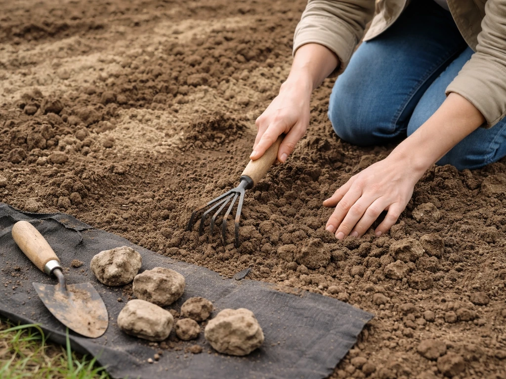 Handen in een tuinperk die kluiten fijnmaken en stenen verwijderen, met zicht op klei-zand bodem.