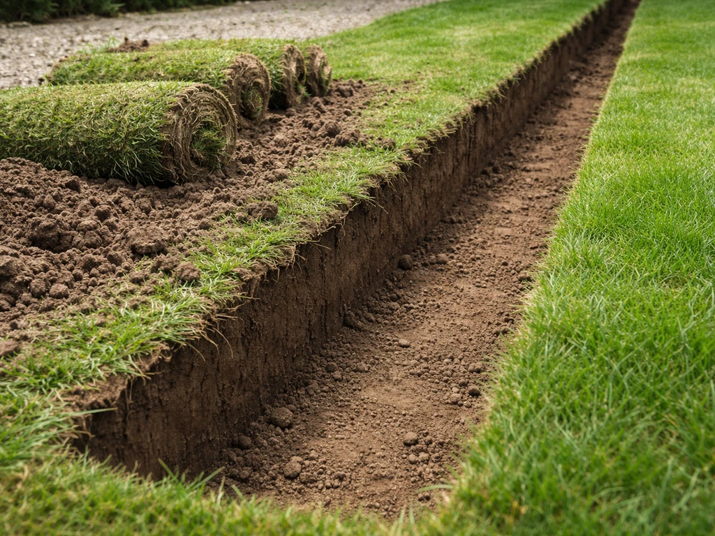 Nieuwe uitgegraven geul langs het gazon met losse zoden en intacte groene grasstrook ernaast.