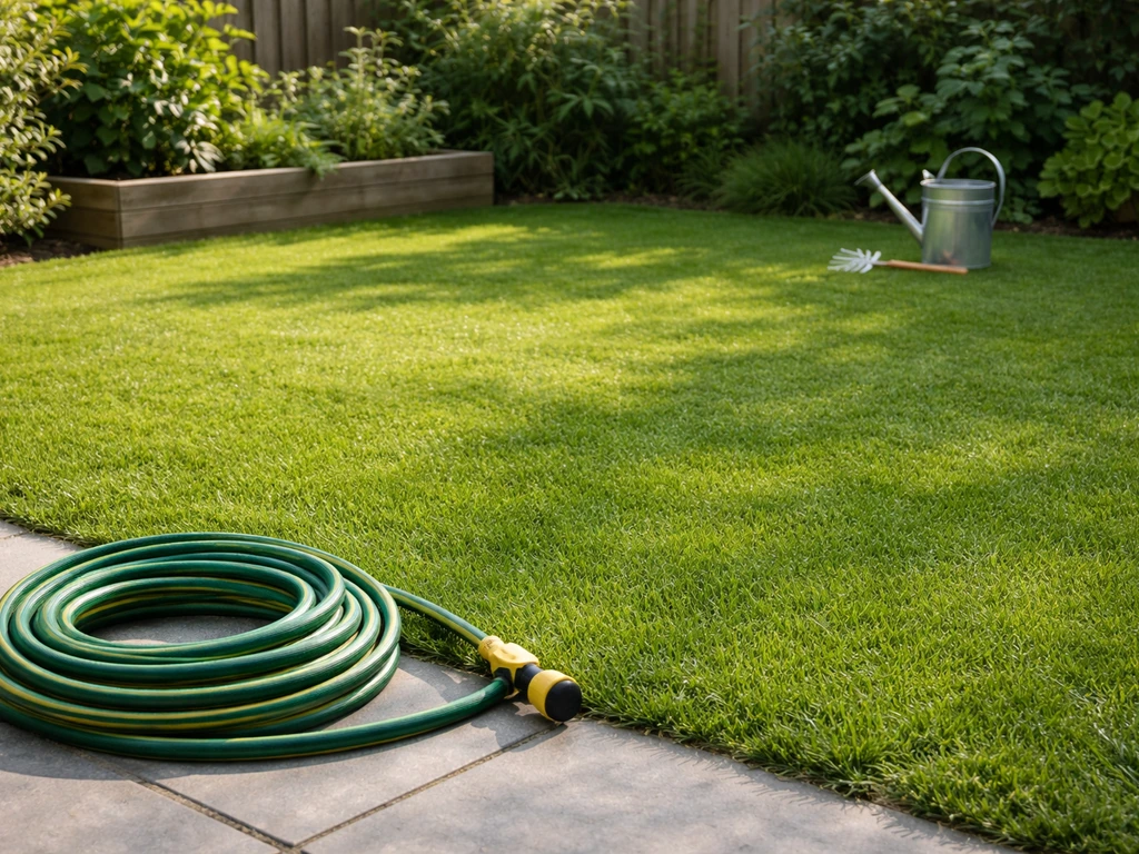 Gezond groen gazon met opgerolde tuinslang en tuinaccessoires op de achtergrond, zonder mensen.