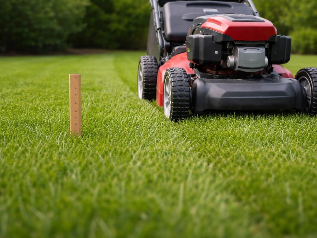 Grasmaaier maait een egaal gazon op 4–6 cm maaihoogte, met eenvoudige meetlat langs het gras.